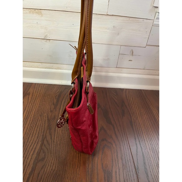 Red Purse Brown Straps Satchel Hand Bag Braided accents Pockets - Picture 4 of 8